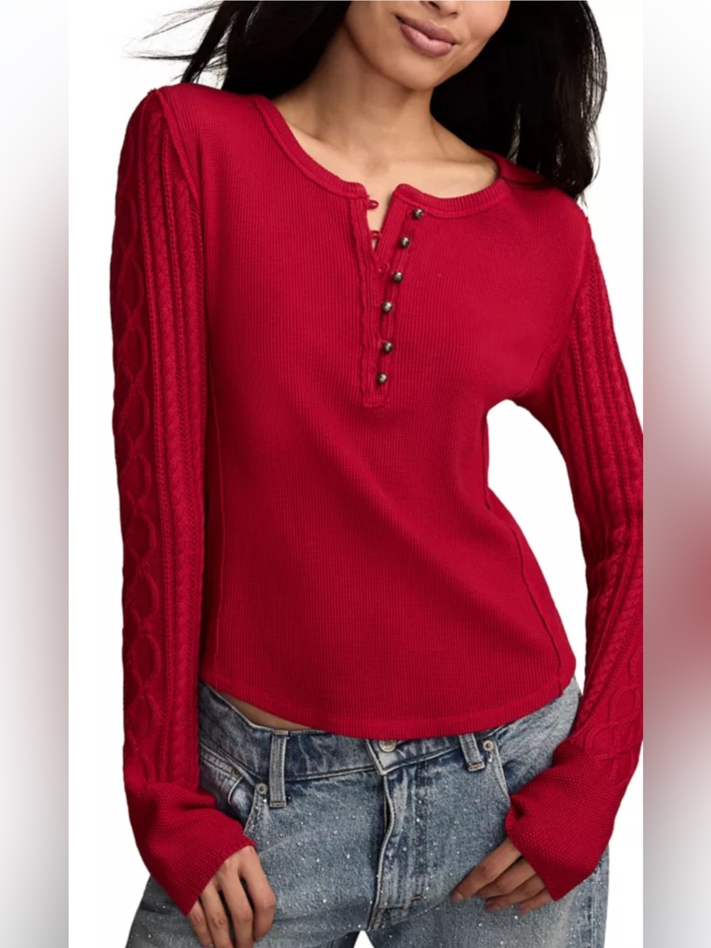 Lucky Brand Red Long-Sleeve Henley with Cable Sleeves *GREAT USED CONDITION*